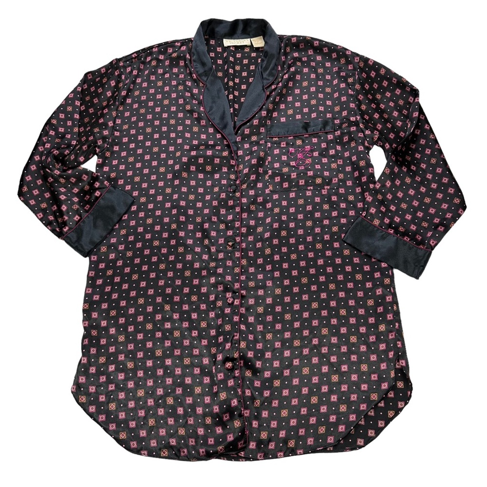 Victoria's Secret Black Satin Nightshirt with Pink Geometric Print